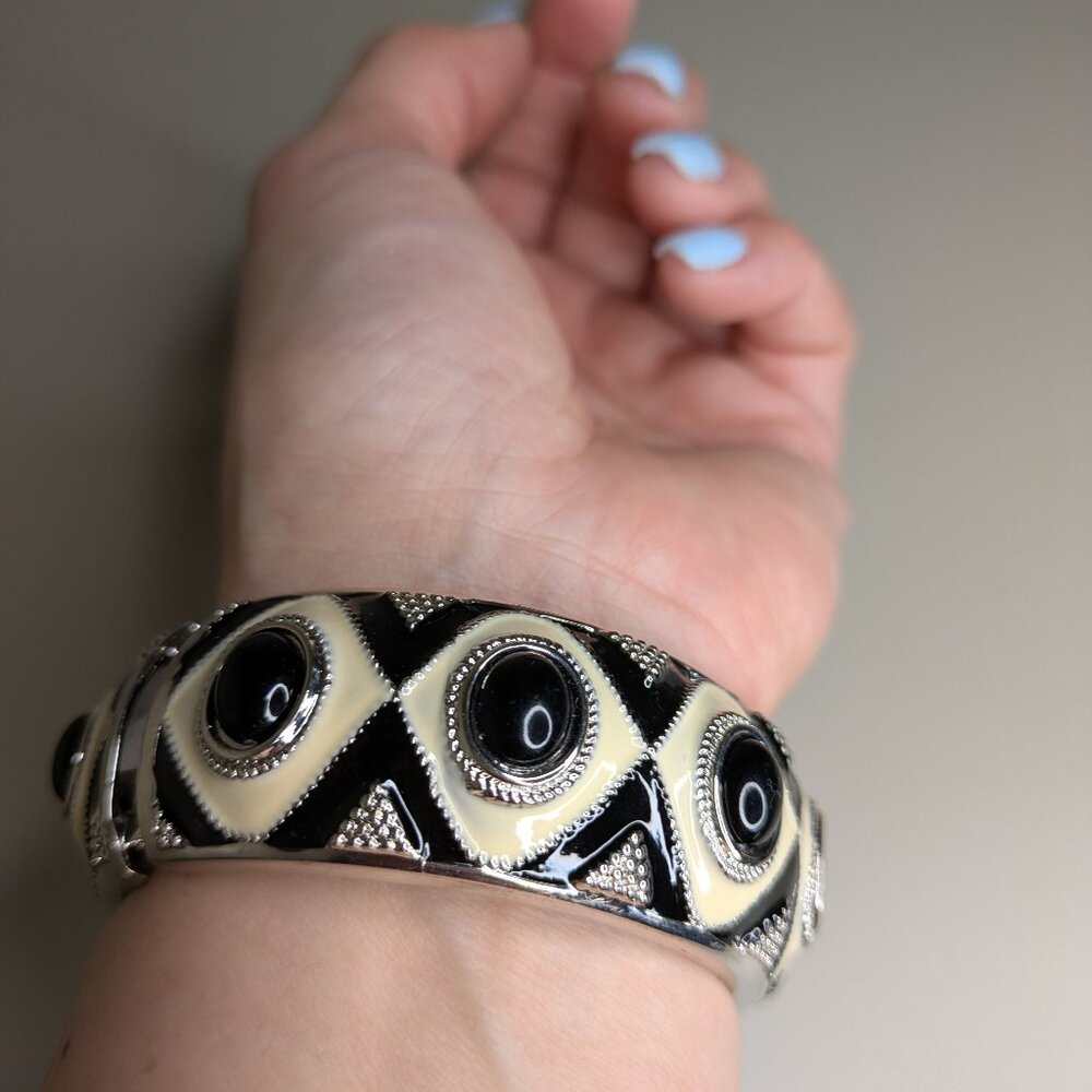 Bold Black White Statement Cuff Bracelet Geometric Enamel Wide Bangle